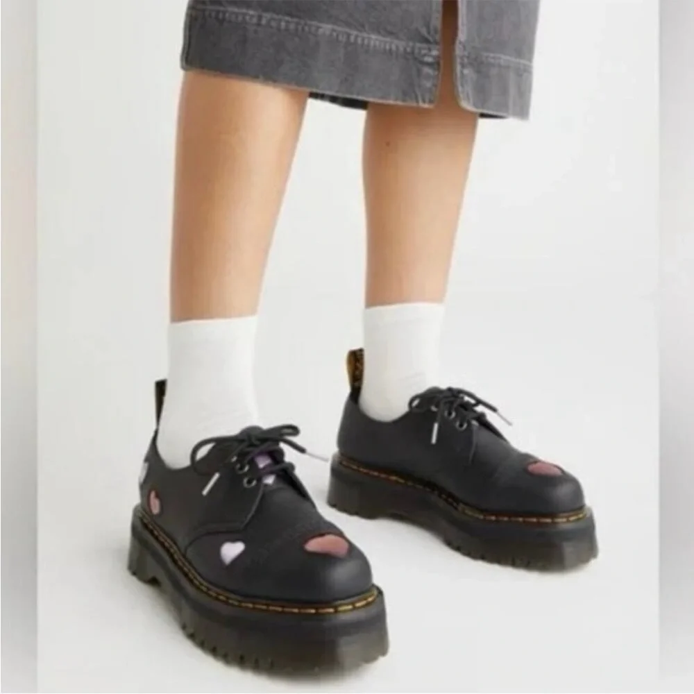 Dr. Martens 1461 Quad Heart Platform Shoes with Pink Heart Accents